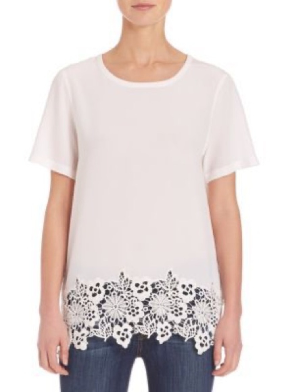 Equipment Femme Ivory & White Short Sleeve 100% Silk Top with Floral Lace Hem, S
